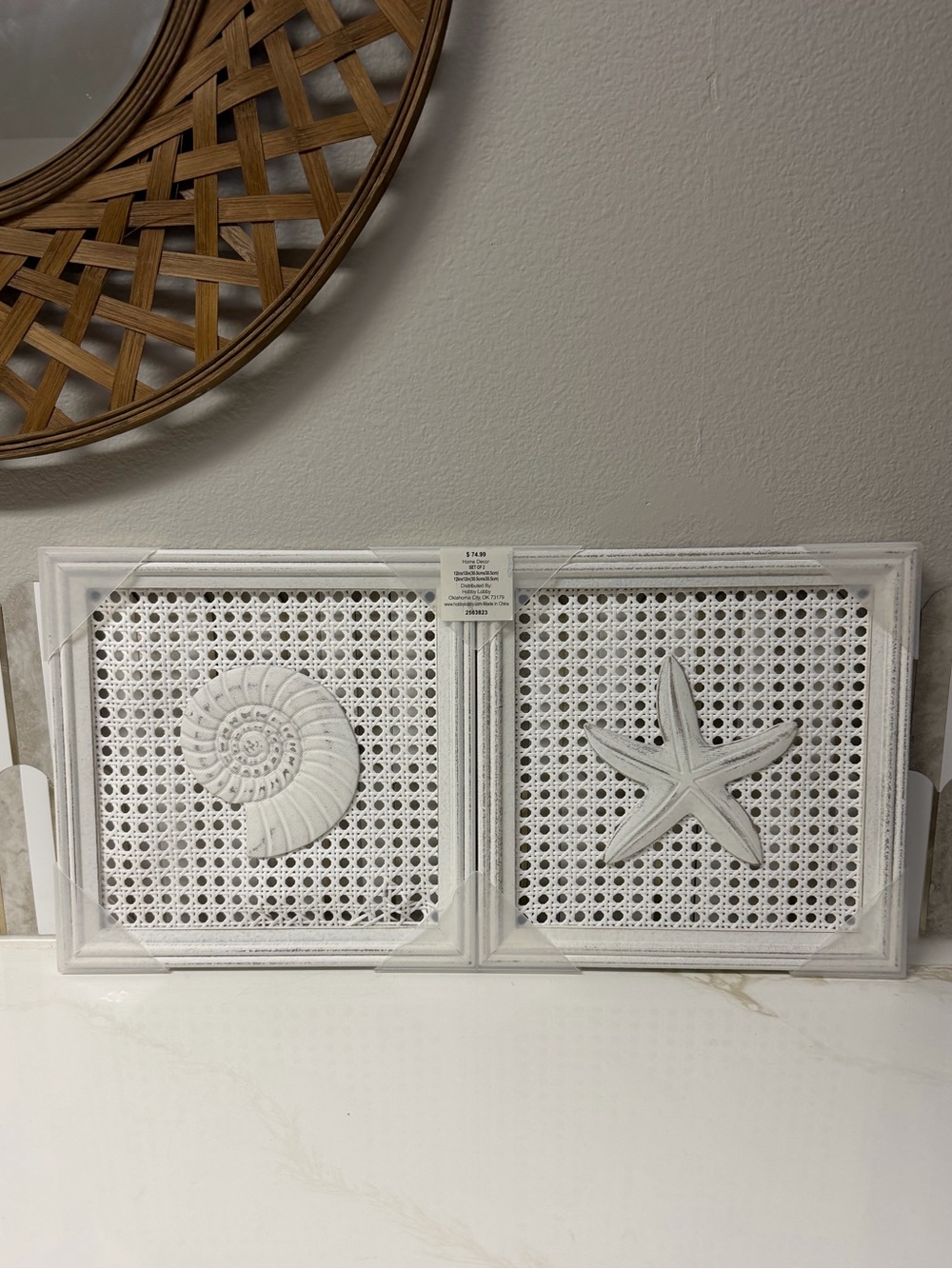 NWT White Coastal rattan Shell & Starfish Wall Art Set